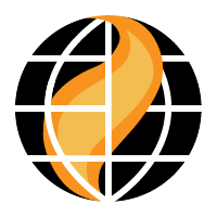 Logo featuring a flame inside of a globe with meridian lines